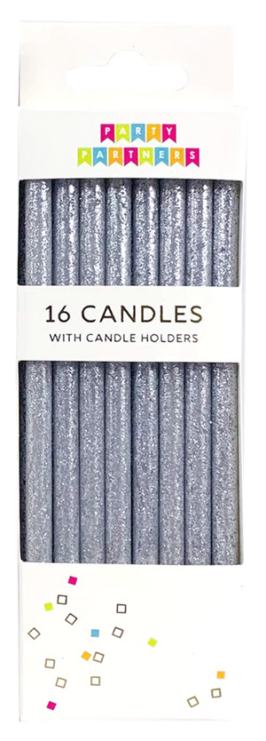 Tall Solid Silver Glitter 16 Candles Set