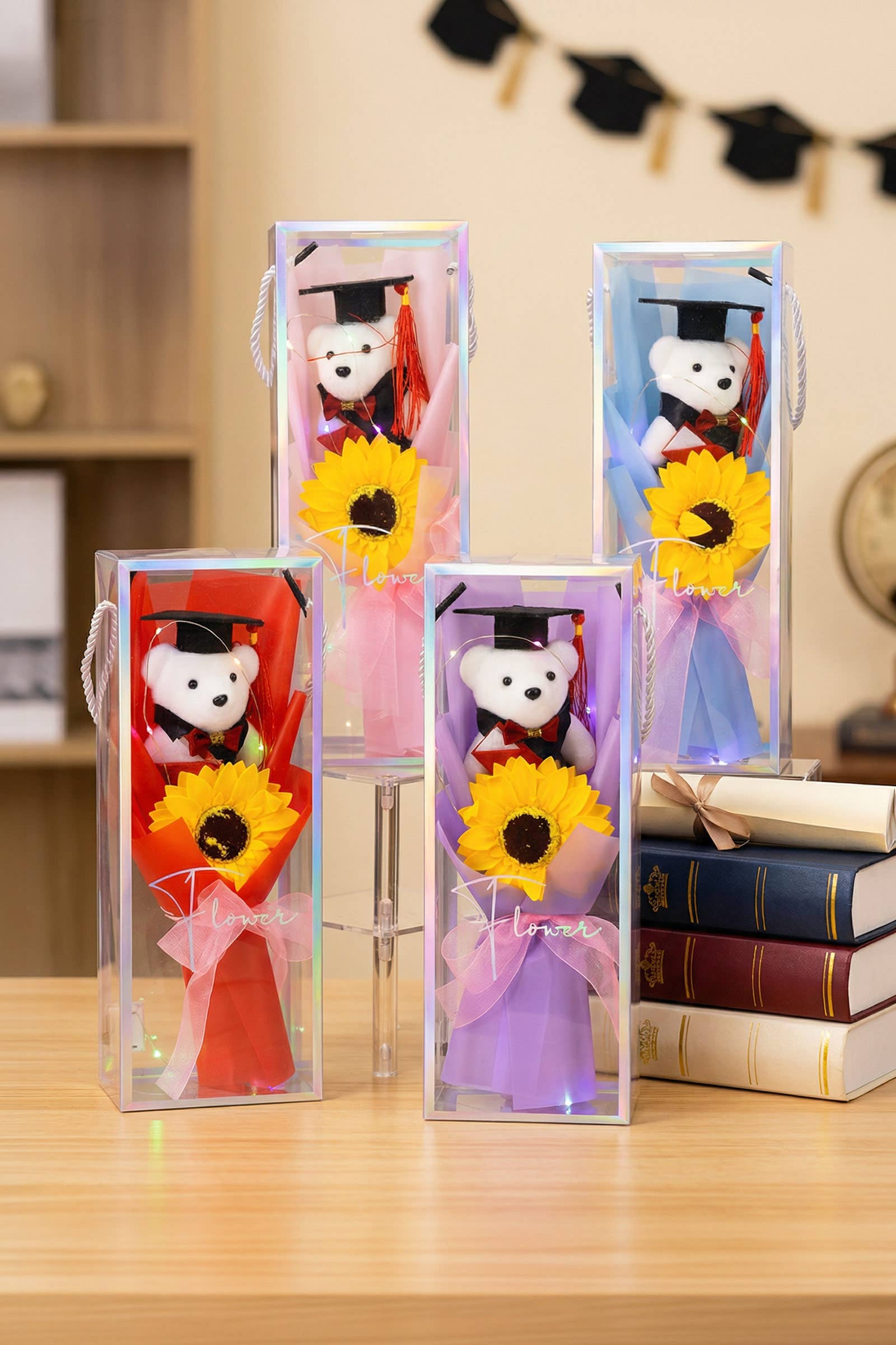 Graduation Bear Sunflower Bouquet LED Gift Box